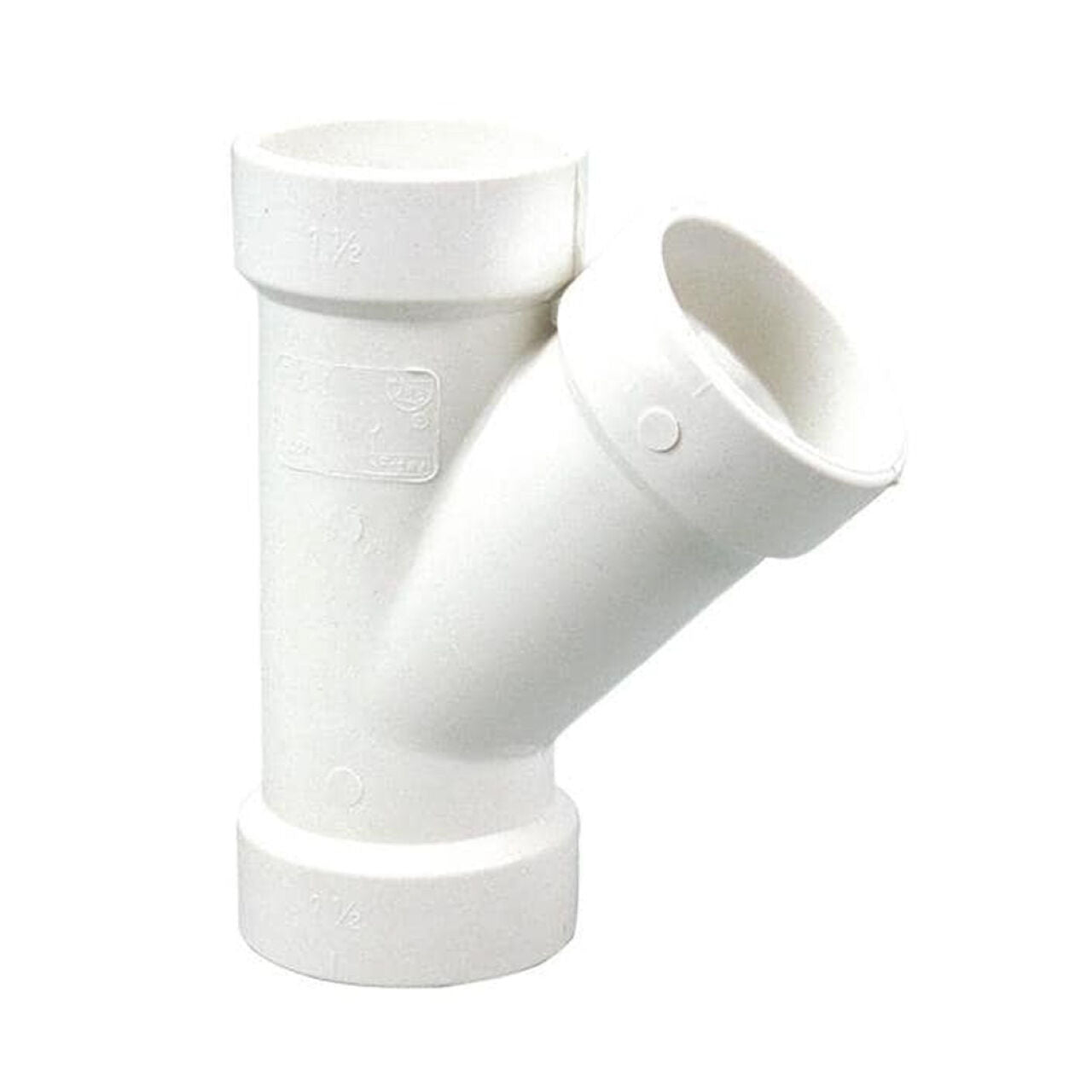 The Go Build 1-1/2 in. PVC Wye All Hub is a white Y-shaped fitting with three openings, used in plumbing for PVC DWV systems to join pipes at angles via solvent-welded connections.